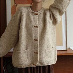 Cozy Beige Knit Cardigan with Wooden Toggles